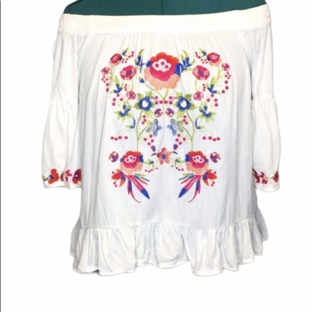 Altar'd State White Embroidered Boho Off the Shoulder Peasant Top Ruffle Hem
